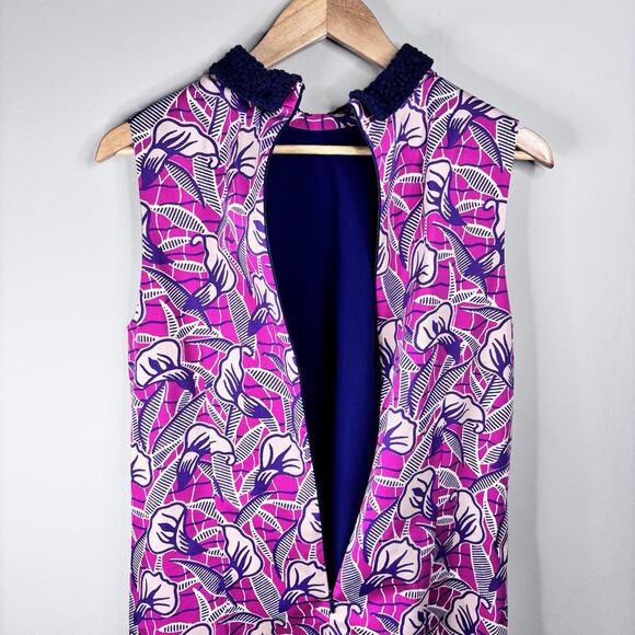 Club Monaco Shift Dress Sz 10 Purple Floral Sleeveless Pockets Crochet Collar - Picture 5 of 10